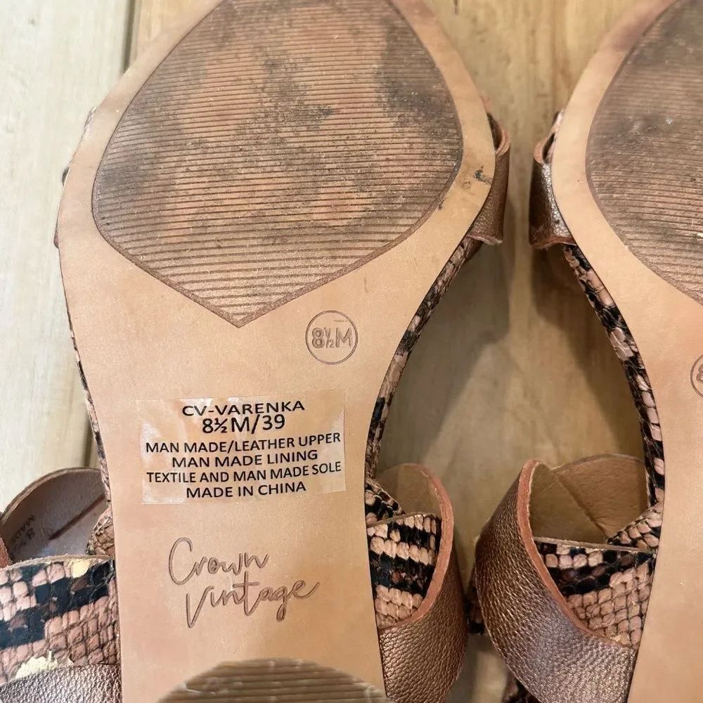 Crown Vintage Varenka Snakeskin Pattern Heel Open Toe Sandals Brown/Copper 8.5 - Picture 9 of 13